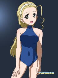 Rule 34 | 1girl, blonde hair, blue one-piece swimsuit, blush, breasts, covered navel, girls und panzer, green eyes, highres, large breasts, long hair, looking at viewer, naotosi, one-piece swimsuit, open mouth, sasaki akebi, smile, solo, swimsuit