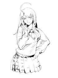 Rule 34 | 10s, 1girl, akamatsu kaede, beamed quavers, blush, breasts, collared shirt, cowboy shot, danganronpa (series), danganronpa v3: killing harmony, fortissimo, greyscale, hair ornament, hand on own hip, head tilt, highres, long hair, long sleeves, looking to the side, medium breasts, monochrome, musical note, musical note hair ornament, musical note print, necktie, pleated skirt, pointing, pointing up, ruukii drift, shirt, sidelocks, simple background, sketch, skirt, solo, sweater vest, swept bangs, vest, white background