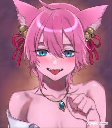Rule 34 | 1boy, age break, animal ears, bell, blue eyes, blush, bow, collarbone, fangs, fox ears, hair bow, highres, jewelry, jingle bell, kitsune-san, looking at viewer, necklace, open clothes, open shirt, paw pose, pink hair, red bow, solo, tongue, tongue out, uichiya-san, virtual youtuber