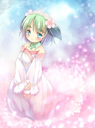 Rule 34 | bad id, bad pixiv id, blue eyes, blush, child, detached sleeves, dress, eyebrows, green hair, hair ornament, kinoko-san, kito (sorahate), original, short hair, short twintails, smile, solo, thick eyebrows, twintails