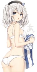 Rule 34 | 10s, 1girl, ass, blue eyes, bra, breasts, employee uniform, hat, highres, holding, holding clothes, kantai collection, kashima (kancolle), komeshiro kasu, lawon, lawson, long hair, looking back, open mouth, panties, shirt, silver hair, solo, teeth, twintails, underwear, underwear only, uniform