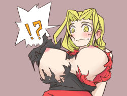 Rule 34 | !?, 1girl, archer (fft), blonde hair, blush, breast expansion, breasts, female focus, final fantasy, final fantasy tactics, henoeno, huge breasts, long hair, nipples, solo, surprised, torn clothes, wardrobe malfunction, yellow eyes