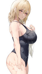 Rule 34 | 1girl, :o, absurdres, arm at side, bare arms, bare shoulders, black one-piece swimsuit, blonde hair, blush, breasts, commentary request, from side, highres, large breasts, long hair, looking at viewer, love live!, love live! nijigasaki high school idol club, miyashita ai, namazu (yamasonson), one-piece swimsuit, parted lips, simple background, solo, swimsuit, towel, wet, white background, yellow eyes