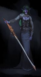 Rule 34 | 1girl, absurdres, belt, black dress, body freckles, breasts, copyright request, dark, dark elf, dress, elf, forked tongue, freckles, green hair, grey eyes, highres, holding, holding sword, holding weapon, horror (theme), long eyebrows, long hair, long sleeves, long sword, looking at viewer, mossacannibalis, one eye covered, open mouth, piercing, pointy ears, shrug (clothing), small breasts, solo, standing, sword, tight clothes, tight dress, tongue, tongue piercing, weapon