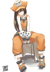 Rule 34 | 1girl, anchor symbol, ankle boots, bare shoulders, between legs, black gloves, boots, brown eyes, brown hair, closed mouth, fingerless gloves, full body, gloves, guilty gear, guilty gear xrd, hair between eyes, hand between legs, hat, head tilt, heart, highres, long hair, may (guilty gear), orange footwear, orange hat, orange pants, pants, pirate hat, shadow, simple background, sitting, skull, skull and crossbones, sleeveless, smile, solo, sou (pale 1080), spread legs, stool, straight hair, white background