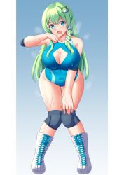 Rule 34 | 1girl, absurdres, alternate costume, blush, boots, breasts, cleavage, cleavage cutout, clothing cutout, cross-laced footwear, frog hair ornament, full body, green hair, hair ornament, highres, knees together feet apart, kochiya sanae, large breasts, long hair, looking at viewer, one-piece swimsuit, open mouth, snake hair ornament, solo, sweat, swimsuit, tokyo yamane, touhou