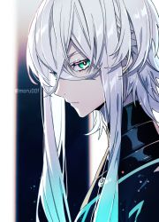 Rule 34 | 1boy, asclepius (fate), black collar, closed mouth, collar, expressionless, fate/grand order, fate (series), green eyes, hair between eyes, long hair, looking at viewer, male focus, moru, solo, twitter username, upper body, very long hair, white hair
