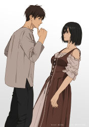 Rule 34 | 1boy, 1girl, absurdres, bare shoulders, black hair, black pants, breasts, brown dress, closed mouth, collarbone, dress, eren yeager, feet out of frame, from side, gradient background, hair between eyes, hand up, highres, long hair, looking at another, medium breasts, mikasa ackerman, niku (ni23ku), off-shoulder dress, off shoulder, pants, profile, shingeki no kyojin, shirt, short hair, thinking, twitter username, white dress, white shirt