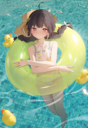 Rule 34 | 1girl, absurdres, barefoot, bikini, black hair, blue archive, blush, braid, dingding (chongsangjun), flat chest, halo, hat, highres, innertube, long hair, looking at viewer, miyu (blue archive), miyu (swimsuit) (blue archive), partially submerged, red eyes, rubber duck, solo, straw hat, swim ring, swimsuit, tears, twin braids