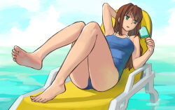 Rule 34 | 1girl, aozaki aoko, aqua eyes, arm up, b suke, barefoot, blue one-piece swimsuit, breasts, brown hair, chair, food, full body, holding, holding food, holding popsicle, long hair, looking to the side, lounge chair, lying, mahou tsukai no yoru, medium breasts, on back, one-piece swimsuit, outdoors, parted lips, popsicle, sky, solo, swimsuit, water
