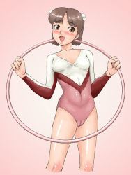 Rule 34 | 1girl, blush, breasts, brown eyes, cameltoe, collarbone, cropped legs, gradient background, leotard, light brown hair, looking at viewer, open mouth, short hair, small breasts, solo, standing