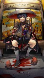 Rule 34 | 1boy, black hair, black shorts, blood, blood splatter, blue eyes, blue hair, commentary request, genshin impact, hair between eyes, hat, highres, holding, holding sword, holding weapon, japanese clothes, jingasa, katana, looking at viewer, male focus, mixed-language commentary, nakura hakuto, scaramouche (genshin impact), shorts, solo, sword, weapon