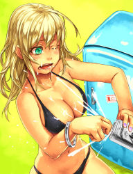 Rule 34 | 1girl, alcohol, aqua eyes, bad id, bad pixiv id, bags under eyes, bangle, beer, beer can, bikini, black bikini, blonde hair, bracelet, breasts, can, cleavage, collarbone, drink can, groin, jewelry, large breasts, mustard seeds, navel, one eye closed, open mouth, original, refrigerator, sexually suggestive, skindentation, solo, string bikini, suggestive fluid, swimsuit, wet, wince, wink, yuuji (and)