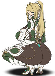 Rule 34 | 1girl, ass, blonde hair, bodysuit, boots, breasts, covered mouth, elf, flat color, green eyes, hair between eyes, hair intakes, highres, houtengeki, huge ass, knee boots, large breasts, long hair, looking at viewer, looking back, original, pointy ears, ponytail, simple background, solo, squatting, thighs, white background