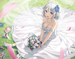 Rule 34 | 1girl, :d, bare arms, bare shoulders, blue eyes, blush, bouquet, breasts, bridal veil, collarbone, commentary request, day, dress, flower, grass, hair flower, hair ornament, high heels, highres, holding, holding bouquet, imouto sae ireba ii, kani nayuta, kantoku, large breasts, looking at viewer, open mouth, outdoors, petals, shoes, short hair, sitting, sleeveless, sleeveless dress, smile, solo, veil, wedding dress, white footwear, white hair