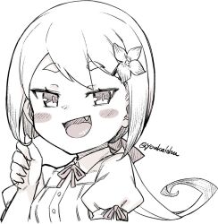 Rule 34 | 1girl, :d, blush, commentary request, fang, flower, greyscale, hair flower, hair ornament, hairclip, jingai modoki, looking at viewer, monochrome, neck ribbon, open mouth, ponytail, ribbon, shirt, signature, simple background, smile, solo, succubus prison, twitter username, v-shaped eyebrows, vinum (succubus prison), white background, white shirt
