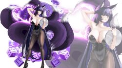 Rule 34 | 1girl, absurdres, alternate costume, animal ear fluff, animal ears, arm behind head, azur lane, bare shoulders, black footwear, black hair, black leotard, black nails, breasts, card, collarbone, dice, electricity, facial mark, fox ears, fox girl, fox tail, high heels, highres, holding, holding tray, kitsune, large breasts, leotard, long hair, musashi (azur lane), nail polish, pantyhose, playboy bunny, playing card, poker chip, proxyl, roulette, signature, tail, tray, very long hair, yellow eyes