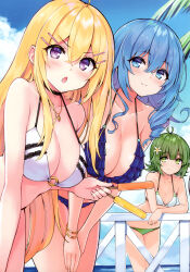 Rule 34 | 3girls, absurdres, ahoge, bare shoulders, bikini, blonde hair, blue eyes, blue hair, blue sky, blush, bracelet, breasts, cleavage, closed mouth, cloud, cloudy sky, collarbone, cu-no, day, fingernails, food, frilled bikini, frills, green eyes, green hair, hair ornament, hairclip, hakurei botan, highres, hisen kaede, holding, holding food, jewelry, kohitsuji ai, large breasts, leaning forward, lips, long hair, looking at viewer, multiple girls, necklace, nonono futaba, o-ring, o-ring bikini, ocean, open mouth, outdoors, popsicle, purple eyes, scan, short hair, simple background, sky, small breasts, smile, swimsuit, thighs, water