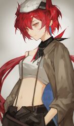 Rule 34 | 1girl, alternate costume, animal ears, arknights, bird ears, black pants, brown jacket, crop top, earrings, fiammetta (arknights), grey background, hands in pockets, hat, highres, jacket, jewelry, lch, long hair, long sleeves, midriff, navel, open clothes, open jacket, orange eyes, pants, ponytail, red hair, shirt, simple background, solo, suspenders, upper body, white hat, white shirt