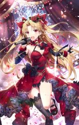 Rule 34 | 1girl, bangle, belt, blonde hair, blush, bracelet, breasts, detached sleeves, dress, earrings, ereshkigal (fate), fate/grand order, fate (series), gabiran, gloves, hair between eyes, hair ribbon, halter dress, halterneck, holding, holding microphone, idol, jewelry, long hair, looking at viewer, mary janes, microphone, music, open mouth, parted bangs, red dress, red eyes, red ribbon, ribbon, shoes, singing, single thighhigh, smile, solo, standing, standing on one leg, thighhighs, thighs, two side up, very long hair