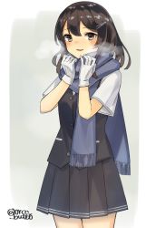 Rule 34 | 1girl, black hair, black skirt, black vest, blue scarf, blush, breath, brown eyes, buttons, cowboy shot, enpera, gloves, grey background, hair ornament, hairclip, hands up, highres, kantai collection, legs together, long hair, looking at viewer, oyashio (kancolle), pleated skirt, scarf, shirt, short sleeves, skirt, smile, solo, twitter username, vest, white gloves, white shirt, yamashichi (mtseven)