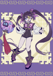 Rule 34 | 1girl, animal lantern, blue eyes, brown dust 2, chinese clothes, dress, flat chest, flower eyepatch, full body, hair ribbon, highres, holding, holding lantern, lantern, layla (brown dust), long hair, looking at viewer, makeup, open mouth, purple background, purple dress, purple footwear, purple ribbon, purple socks, ribbon, smile, socks, solo, standing, standing on one leg, tn scallion, twintails, very long hair, white sleeves