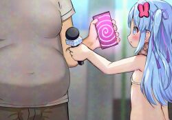 1girl 1other bare_arms bare_shoulders bikini blue_eyes blue_hair blurry blush breasts butterfly_hair_ornament cellphone city cowboy_shot depth_of_field eyebrows_hidden_by_hair flat_chest from_side hair_ornament hairband hand_up holding holding_microphone hypnosis interview loli long_hair looking_at_another microphone mind_control nude open_mouth original outdoors panties phone plaid_clothes plaid_scarf purple_hairband road scarf side-tie_bikini_bottom sidelocks siera_(sieracitrus) small_breasts smile standing street string_bikini swimsuit topless twintails two_side_up underwear