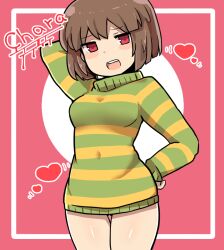 Rule 34 | 1girl, :d, aged up, arm behind head, blunt ends, blush, blush stickers, bob cut, border, breasts, chara (undertale), character name, commentary, covered navel, cowboy shot, genderswap, genderswap (otf), gluteal fold, green sweater, hand on own hip, hasso (goodbad963), heart, looking at viewer, lowered eyelids, motion lines, no pants, open mouth, outside border, pink background, red eyes, short hair, small breasts, smile, solo, standing, striped clothes, striped sweater, sweater, teeth, thigh gap, two-tone background, undertale, upper teeth only, white background, white border, yellow sweater
