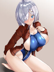 Rule 34 | 1girl, bad anatomy, blue one-piece swimsuit, breasts, competition swimsuit, fingernails, hair ornament, hair over one eye, hairclip, hamakaze (kancolle), hand on own chest, highleg, highleg swimsuit, highres, impossible clothes, impossible swimsuit, jacket, kantai collection, large breasts, long fingernails, one-piece swimsuit, red jacket, silver hair, simple background, sitting, solo, swimsuit, torisan, undersized clothes, wariza