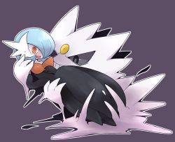 Rule 34 | 1girl, @ @, alternate color, bare shoulders, black dress, black eyes, black gloves, blue hair, blush, bob cut, carrying, colored sclera, colored skin, creatures (company), dress, elbow gloves, embarrassed, fang, flat chest, game freak, gardevoir, gen 1 pokemon, gen 3 pokemon, gengar, ghost, gloves, grey sclera, grin, hair over one eye, hand up, hands up, happy, highres, holding, holding pokemon, mega gardevoir, mega gengar, mega pokemon, nervous, nintendo, nose blush, one eye covered, open mouth, orange eyes, outline, pokemon, pokemon (creature), princess carry, purple background, shiny pokemon, short hair, simple background, smile, strapless, strapless dress, subaru331, sweat, tears, teeth, white outline, white skin, wide-eyed