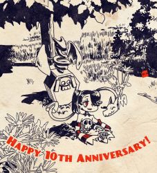 Rule 34 | 1girl, anniversary, buried, bush, flower, grass, grave, hair over one eye, leviathan (skullgirls), minawa108, outdoors, red eyes, side ponytail, skullgirls, smile, solo, stitched mouth, stitches, tree, zombie