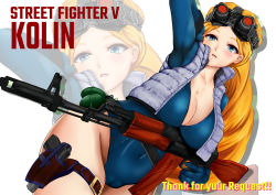 Rule 34 | 1girl, absurdres, ak-47, alternate costume, alternate hairstyle, assault rifle, belt, blonde hair, blue eyes, blue leotard, blush, breasts, cameltoe, character name, cleavage, cleft of venus, collarbone, english text, explosive, eyebrows, gloves, goggles, goggles on head, grenade, grey vest, gun, handgun, highres, holster, kalashnikov rifle, kolin, large breasts, leotard, leviathan 005, lips, long hair, long sleeves, multiple persona, open clothes, open vest, parted lips, pistol, rifle, skin tight, solo, standing, street fighter, street fighter v, thick thighs, thigh holster, thighs, unzipped, vest, weapon, wide hips