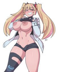 Rule 34 | 1girl, ass, asymmetrical legwear, black choker, black gloves, black shirt, black shorts, blonde hair, blush, breasts, breasts out, choker, clothes lift, eyelashes, fingerless gloves, fortnite, gloves, gluteal fold, grin, groin, half-closed eyes, highres, jacket, large breasts, lennox rose, lifted by self, long hair, long twintails, mr sakai, multicolored hair, navel, nipples, no bra, pink eyes, pink hair, puffy nipples, raised eyebrows, ryou sakai, shirt, shirt lift, short shorts, shorts, smile, smug, solo, stomach, tagme, teeth, thighhighs, thighs, twintails, underboob, unzipped, white jacket