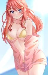 Rule 34 | 1girl, absurdres, bare shoulders, bikini, blue eyes, blurry, breasts, chigusa minori, cleavage, closed mouth, collarbone, cowboy shot, go-toubun no hanayome, hair ornament, halterneck, highres, jacket, large breasts, long hair, long sleeves, looking at viewer, nakano itsuki, navel, off shoulder, open clothes, open jacket, pink jacket, red hair, sidelocks, solo, star (symbol), star hair ornament, stomach, swimsuit, v arms, yellow bikini