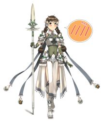 Rule 34 | 1girl, absurdres, armor, armored skirt, blush, braid, brown dust 2, brown hair, chest armor, closed mouth, covered navel, dress, elbow gloves, eyebrows hidden by hair, full body, gloves, greaves, green dress, green eyes, green gloves, hair between eyes, hatiwarenekonoohagi, highres, holding, holding polearm, holding weapon, jewelry, long hair, lydia (brown dust), pendant, polearm, shadow, shoulder pads, simple background, solo, spear, spoken blush, strapless, strapless dress, twin braids, walking, wavy mouth, weapon, white background