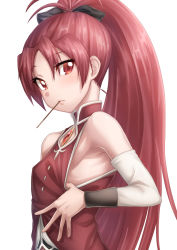 Rule 34 | 1girl, armpits, bare shoulders, blush, clothes pull, detached sleeves, food, gem, highres, long hair, looking at viewer, magical girl, mahou shoujo madoka magica, mahou shoujo madoka magica (anime), mouth hold, no bra, pocky, ponytail, red eyes, red hair, sakura kyoko, sazanami tarou, shirt pull, simple background, solo, upper body, very long hair, white background