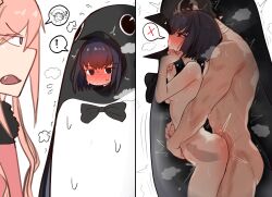Rule 34 | 1boy, 2girls, animal costume, arms around waist, black eyes, black hair, blush, breasts, caught, completely nude, ebora, fate/grand order, fate (series), heart, hetero, highres, kuonji alice, mahou tsukai no yoru, may riddell archelot, multiple girls, nude, penguin costume, pink hair, sex, sex from behind, shizuki soujuurou, short hair, small breasts, spoken heart, standing, standing sex, stealth sex, sweat