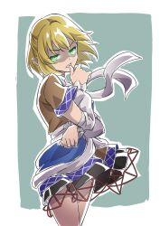 Rule 34 | 1girl, arm warmers, blonde hair, brown shirt, clenched teeth, cowboy shot, feet out of frame, green eyes, gyouza (mhea5724), highres, looking back, medium hair, miniskirt, mizuhashi parsee, multicolored clothes, pointy ears, scarf, shaded face, shirt, short sleeves, skirt, teeth, touhou, v-shaped eyebrows, white scarf