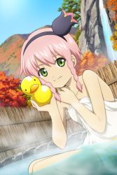 Rule 34 | 1girl, autumn, braid, female focus, fence, flower, green eyes, headband, official art, onsen, outdoors, pasca kanonno, pink hair, plant, rubber duck, sitting, sky, smile, solo, steam, tales of (series), tales of link, tales of the world radiant mythology, towel, tree, water, waterfall