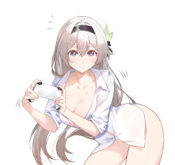 Rule 34 | 1girl, bent over, black hairband, breasts, cleavage, collarbone, commentary request, controller, cowboy shot, firefly (honkai: star rail), game controller, grey eyes, grey hair, hairband, highres, holding, holding controller, holding game controller, honkai: star rail, honkai (series), long hair, looking at viewer, medium breasts, shirt, solo, standing, thighs, very long hair, white shirt, xion32