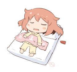 Rule 34 | 1girl, alternate costume, anchor symbol, barefoot, blush stickers, brown hair, chibi, closed eyes, fang, full body, futon, hair ornament, hairclip, hanomido, ikazuchi (kancolle), kantai collection, lying, on back, open mouth, pajamas, short hair, simple background, sleeping, solo, unworn hair ornament, unworn hairclip, white background