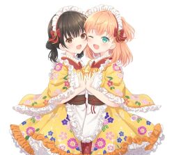 Rule 34 | 2girls, :d, ;d, animification, apron, aqua eyes, bow, bowtie, cheek-to-cheek, commentary request, crossed bangs, double bun, floral print kimono, frilled apron, frilled kimono, frills, hair bun, heads together, highres, hinoshita kaho, japanese clothes, kimono, link! like! love live!, looking at viewer, love live!, low twintails, maid, maid headdress, medium hair, multiple girls, nirei nozomi, one eye closed, open mouth, orange hair, short sleeves, simple background, smile, twintails, two side up, virtual youtuber, voice actor, voice actor connection, wa maid, white apron, white background, yellow bow, yellow bowtie, yellow kimono, yutuki ame