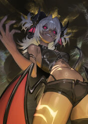 Rule 34 | 1girl, black sclera, black shorts, black thighhighs, colored sclera, commentary, cropped shirt, dark-skinned female, dark skin, demon girl, demon wings, eyelashes, from below, grey hair, hair between eyes, hair intakes, hand up, highres, kouhiipan, looking at viewer, medium hair, navel, open fly, original, pink eyes, sharp teeth, shiny clothes, shiny skin, short shorts, shorts, skindentation, slit pupils, smile, smirk, solo, stomach, tail, tan, teeth, thighhighs, two side up, wings