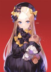 Rule 34 | 1girl, abigail williams (fate), artist name, bad id, bad twitter id, black bow, black dress, black hat, blonde hair, blue eyes, bow, bug, butterfly, closed mouth, commentary request, dress, fate/grand order, fate (series), hair bow, hands in opposite sleeves, hat, hugging object, insect, kim eb, long hair, long sleeves, looking at viewer, orange bow, parted bangs, polka dot, polka dot bow, red background, solo, stuffed animal, stuffed toy, teddy bear, very long hair