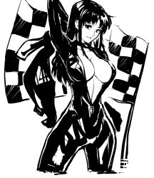 Rule 34 | 1girl, arm up, biker clothes, bikesuit, bodysuit, breasts, catsuit, center opening, checkered flag, choker, cleavage, cropped legs, female focus, flag, greyscale, katsuragi misato, large breasts, long hair, looking at viewer, mikazuki shigure, monochrome, neon genesis evangelion, no bra, sketch, solo, unzipped