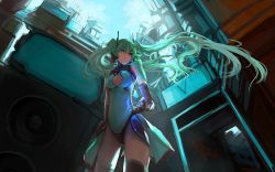 Rule 34 | 1girl, blackrabbitsoul, elbow gloves, floating hair, gloves, green eyes, green hair, hatsune miku, long hair, matching hair/eyes, solo, thighhighs, twintails, very long hair, vocaloid
