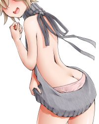Rule 34 | 10s, 1boy, :d, ass, back, backless dress, backless outfit, bare back, bare shoulders, blush, brown hair, butt crack, dr rex, dress, grey sweater, halterneck, head out of frame, male focus, masamune-kun no revenge, meme attire, open mouth, panties, pink panties, short hair, shuri kojuurou, simple background, smile, solo, sweater, sweater dress, trap, turtleneck, turtleneck sweater, underwear, virgin killer sweater, white background