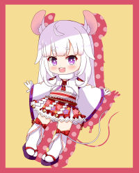 Rule 34 | 1girl, animal ear fluff, animal ears, bell, blush, brown background, chibi, commentary request, copyright request, drop shadow, frilled skirt, frills, full body, gloves, highres, japanese clothes, jingle bell, kimono, long hair, long sleeves, mono (mono60), mouse ears, mouse girl, mouse tail, obi, polka dot, purple eyes, purple footwear, red background, red skirt, ribbon-trimmed sleeves, ribbon trim, sandals, sash, short eyebrows, skirt, sleeves past wrists, solo, tail, thick eyebrows, thighhighs, two-tone background, virtual youtuber, white gloves, white hair, white kimono, white thighhighs, wide sleeves, zouri