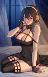 Rule 34 | 1girl, bare shoulders, bed, black dress, black gloves, black hair, black thighhighs, breasts, cleavage, curtains, dress, fingerless gloves, foxyreine, gloves, gold hairband, hair ornament, hairband, highres, large breasts, long hair, looking at viewer, on bed, red eyes, sidelocks, sitting, solo, spy x family, thighhighs, thighs, window, yor briar