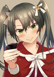 Rule 34 | 10s, 1girl, alcohol, alternate costume, beige background, bell, blush, bow, bowtie, breasts, capelet, closed mouth, commentary, cup, drinking glass, green eyes, green hair, hair bell, hair ornament, hair ribbon, head tilt, holding, holding cup, holding drinking glass, kantai collection, long hair, looking at viewer, ohiya, pink lips, ribbon, santa costume, simple background, smile, solo, tsurime, twintails, upper body, white bow, white bowtie, white ribbon, wine, wine glass, zuikaku (kancolle)